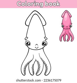 Cartoon cute squid. Coloring page for kids. Vector illustration.