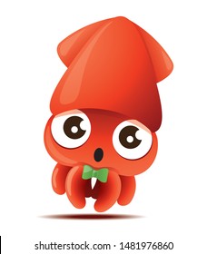 Cartoon cute squid with green bowtie, vector mascot character - vector mascot