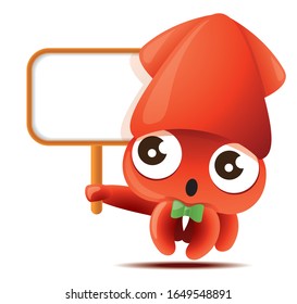 Cartoon cute squid mascot with green bowtie holding big empty menu signboard, - vector character