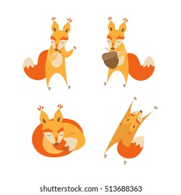 Cartoon Cute Squirrel Animal Set. Flat Design Style. Vector illustration of emoticons mascot with different face emotions. Wildlife cute little mammal forest  