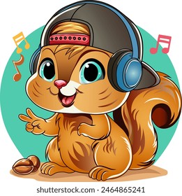 Caricatura linda ardilla en una gorra y auriculares escucha música. Ilustración vectorial.