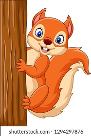Cartoon cute squirrel climbing on a tree