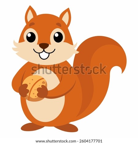 Cartoon cute squirrel holding walnut. Suitable for children's books, sticker, mascot, logo.Vector illustration animal on white background