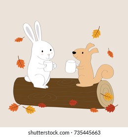 Cartoon cute squirrel and rabbit drink coffee  in autumn vector