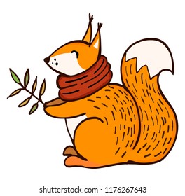 Cartoon cute squirrel in a scarf on white background. Autumn animal. Vector illustration. Perfect for postcard, greeting card, print.
