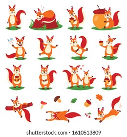 Cartoon cute squirrels. Little funny squirrels. Vector illustration on a white isolated background.