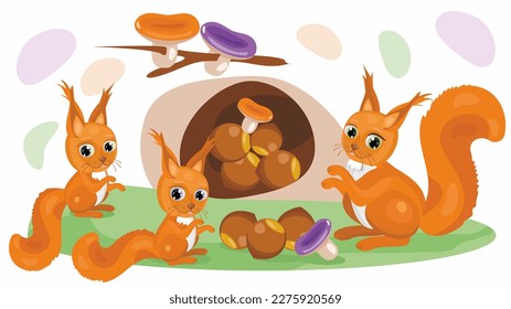 Cartoon cute squirrels with nuts, mushrooms. Vector illustration