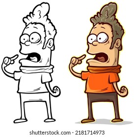 Cartoon cute standing funny flat boy character showing on his mouth. Isolated on white background. Vector icon.