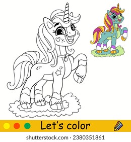 Cartoon cute standing green unicorn. Kids coloring book page. Unicorn character. Black outline on white background. Vector isolated illustration with colorful template. For coloring, print, game