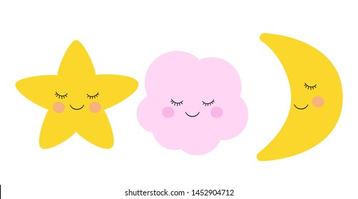 Cartoon cute star, cloud and moon  sleeping and smiling. High quality vector illustration.