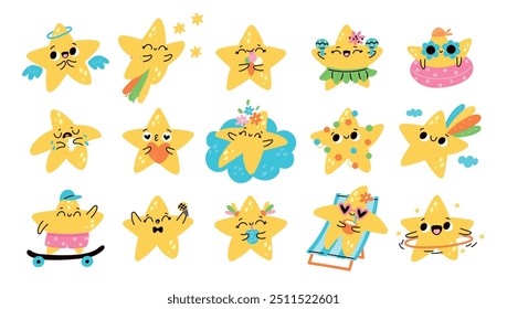 Estrelas bonitas de desenhos animados. Personagens engraçados. Diferentes situações e poses. Expressões de emoção. Feliz mascote. Personagens sorridentes. Emoji chorando. Voe alegre. Praia estrelada relaxe