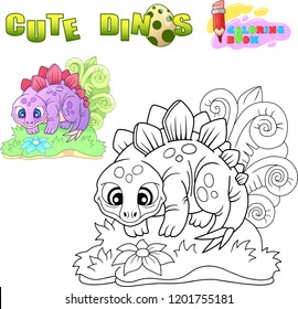 cartoon cute stegosaurus, funny illustration coloring book