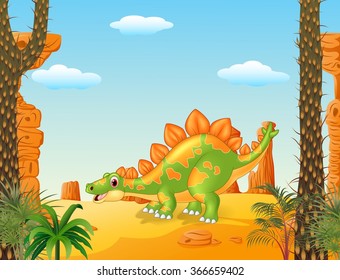 Cartoon cute stegosaurus posing with prehistoric background