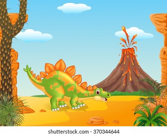 Cartoon cute stegosaurus posing with the prehistoric background