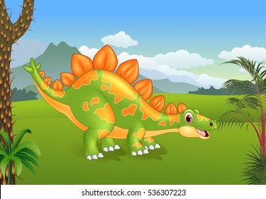 Cartoon cute stegosaurus posing with the prehistoric background