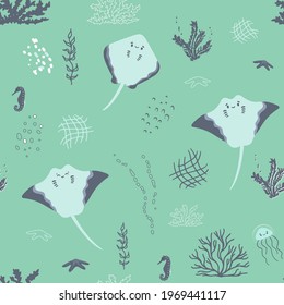 Cartoon cute Stingrays, corals, algae, seahorse, bubbles seamless pattern. Vector sea ocean underwater illustration on green background