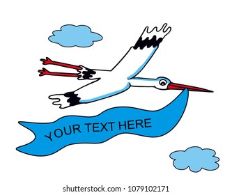 Cartoon Cute stork carrying a message for boy. Your text here. Colored vector for card or gift. Baby. Baby shower. 