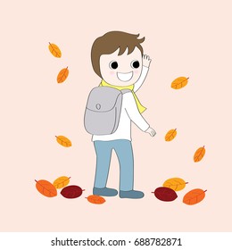 Cartoon cute student boy going to school in the autumn vector
