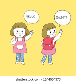 Cartoon cute student girl say Hello and Goodbye vector.