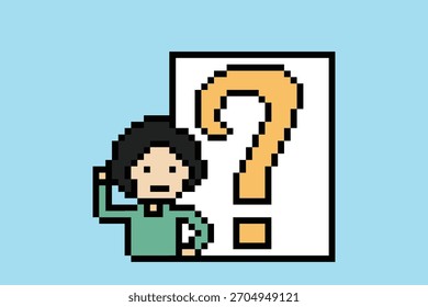 Dibujos animados lindos de problemas de preguntas de estudiantes o ideas de inspiración con el aprendizaje en el aula Diseño de arte de píxeles de 8 bits.