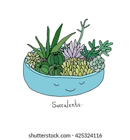 Cartoon cute succulents in pot.  Agave, aloe and cactus. Hand drawing isolated objects on white background. Vector illustration. 