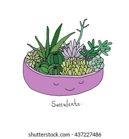 Cartoon cute succulents in pot. Agave, aloe and cactus. Hand drawing isolated objects on white background. Vector illustration. 