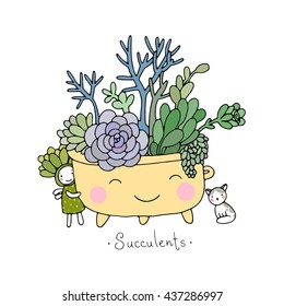 Cartoon cute succulents in pot. Cat and Fairy. Hand drawing isolated objects on white background. Vector illustration. 