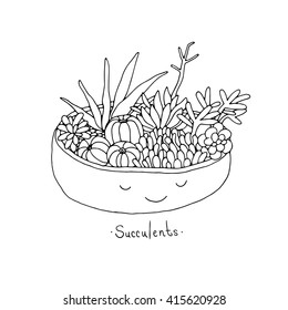 Cartoon cute succulents in pot. Hand drawing isolated objects on white background. Vector illustration. Coloring book