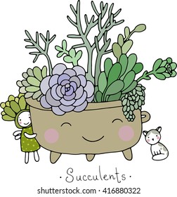 Cartoon cute succulents in pot. Hand drawing isolated objects on white background. Vector illustration. 