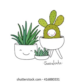 Cartoon cute succulents in pot. Hand drawing isolated objects on white background. Vector illustration. 