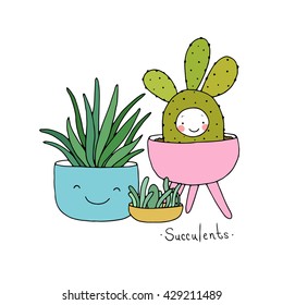 Cartoon cute succulents in pot. Hand drawing isolated objects on white background. Vector illustration. 