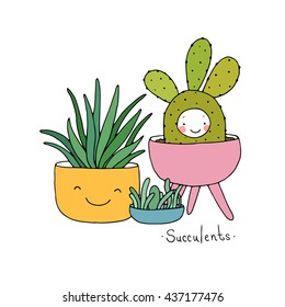 Cartoon cute succulents in pot. Hand drawing isolated objects on white background. Vector illustration. 