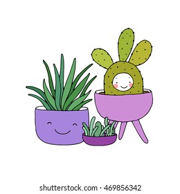 Cartoon cute succulents in pot. Hand drawing isolated objects on white background. Vector illustration. 