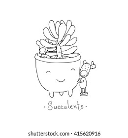 Cartoon cute succulents in pot. Little fairy.Hand drawing isolated objects on white background. Vector illustration. Coloring book