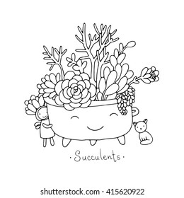 Cartoon cute succulents in pot. Little fairy and a cat. Hand drawing isolated objects on white background. Vector illustration. Coloring book