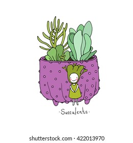 Cartoon cute succulents in pot. Little fairy. Hand drawing isolated objects on white background. Vector illustration. 