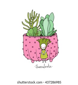 Cartoon cute succulents in pot. Little fairy. Hand drawing isolated objects on white background. Vector illustration. 