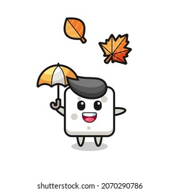dibujos animados del lindo cubo de azúcar sosteniendo un paraguas en otoño, diseño de estilo lindo para camiseta, pegatina, elemento logo