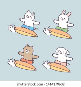 Cartoon cute summer animals and surfing vector.