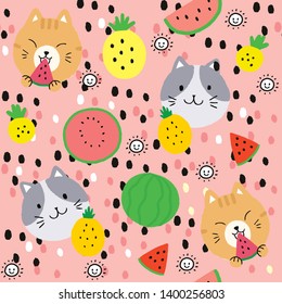 Cartoon cute summer cat and fruits seamless pattern vector.