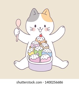 Cartoon cute summer cat and ice cream vector.