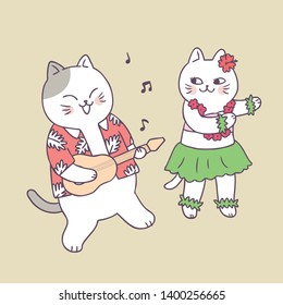 Cartoon cute summer cat playing guitar and dancing vector.