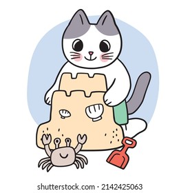 Cartoon cute summer cat playng sand vector.