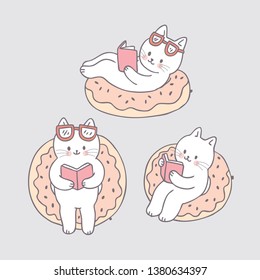 Cartoon cute summer cat reading book vector.