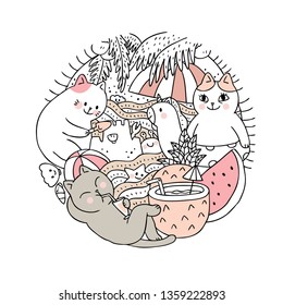 Cartoon cute summer and cat  vector. Doodle circle frame.