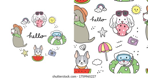 Cartoon cute summer funny dogs seamless pattern vector.