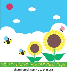 Cartoon cute summer landscape with bee, butterfly and sunflower. Sunlight, blue sky background, countryside, cloudy weather. Backdrop wonderland banner in summer season. Vector, illustration, EPS10