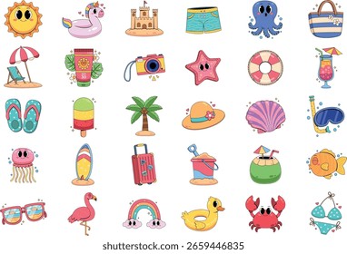 Colección linda de los Objetos del verano de la historieta
