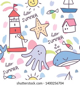 Cartoon cute summer sea animal seamless pattern vector.