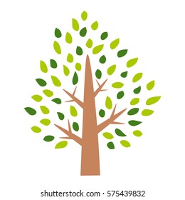 Cartoon cute summer tree with green leaves isolated on white background. Vector.